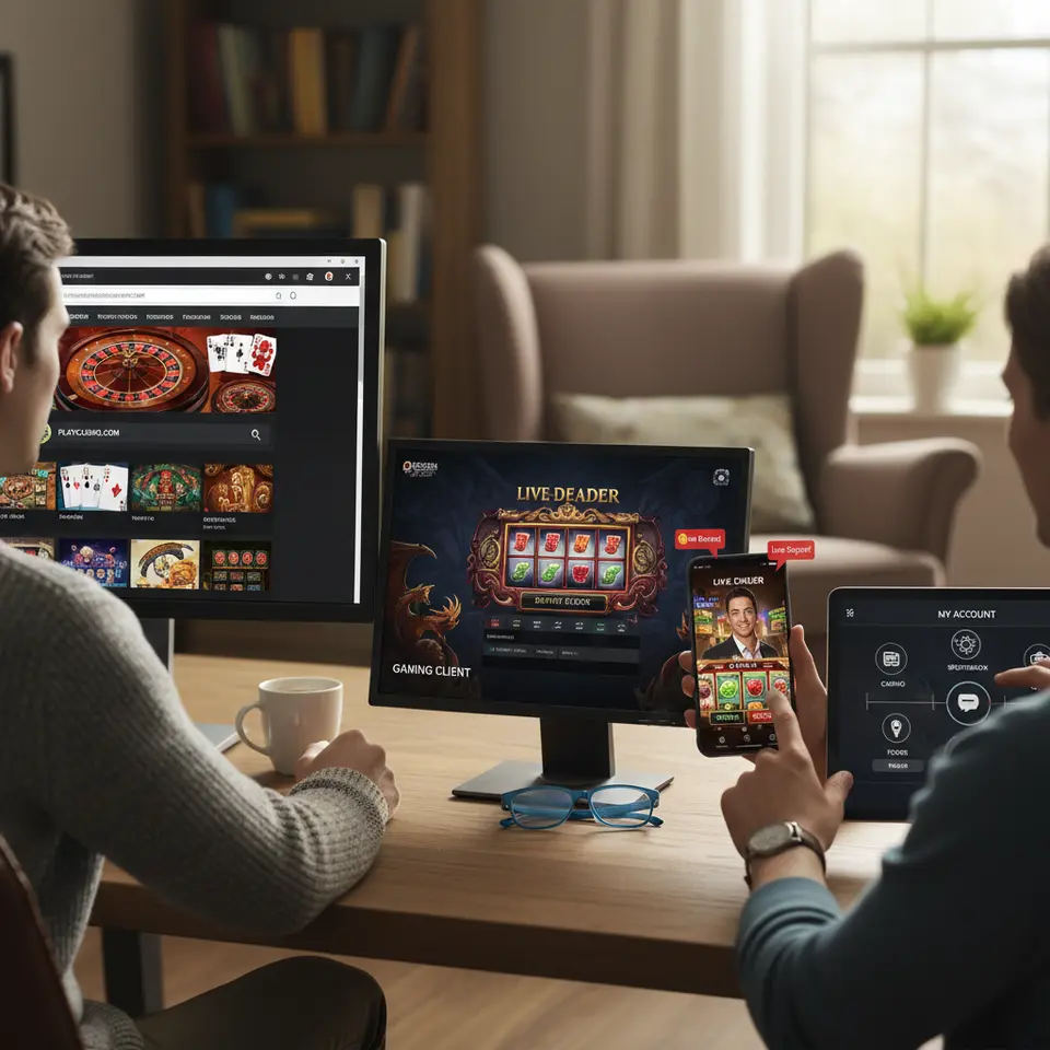 A dynamic collage illustrating the four main delivery models of modern gambling platforms: a sleek browser window showing an online casino (web-based), a standalone desktop application window with high-res graphics (downloadable client), a smartphone screen displaying a live slot game with push-notification badges (mobile app/PWA), and an integrated dashboard uniting casino, sportsbook, and poker icons under one account (hybrid service).