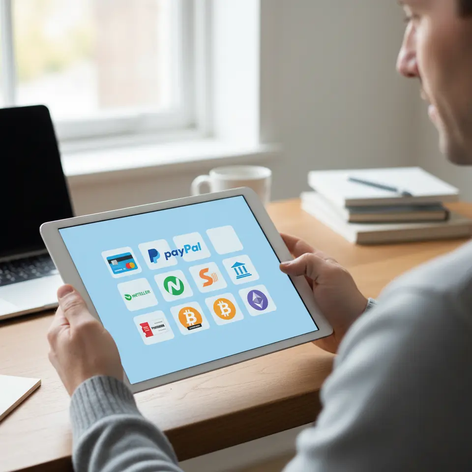 A visually engaging lineup of payment method icons for seamless transactions: a credit/debit card (Visa/MasterCard), popular e-wallet logos (PayPal, Neteller, Skrill), a bank building icon representing wire transfers, a Paysafecard voucher graphic, and cryptocurrency symbols (Bitcoin and Ethereum) arranged on a digital wallet interface.