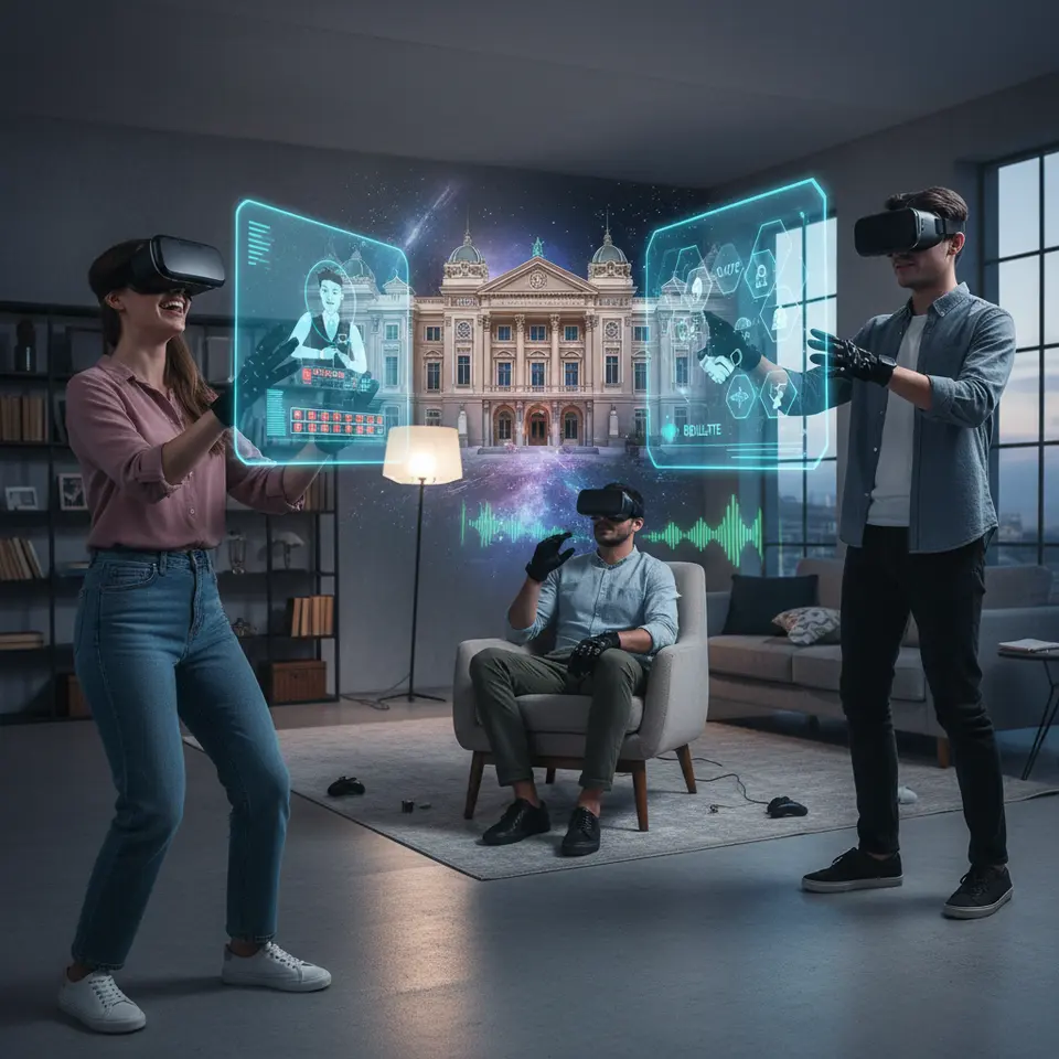 Immersive Virtual Reality Casino Environment: players wearing VR headsets exploring a three-dimensional casino lobby, avatar interactions at live dealer tables, themed backdrops (futuristic space lounge and classic Monte Carlo-style resort), spatial audio waves and floating interactive game elements