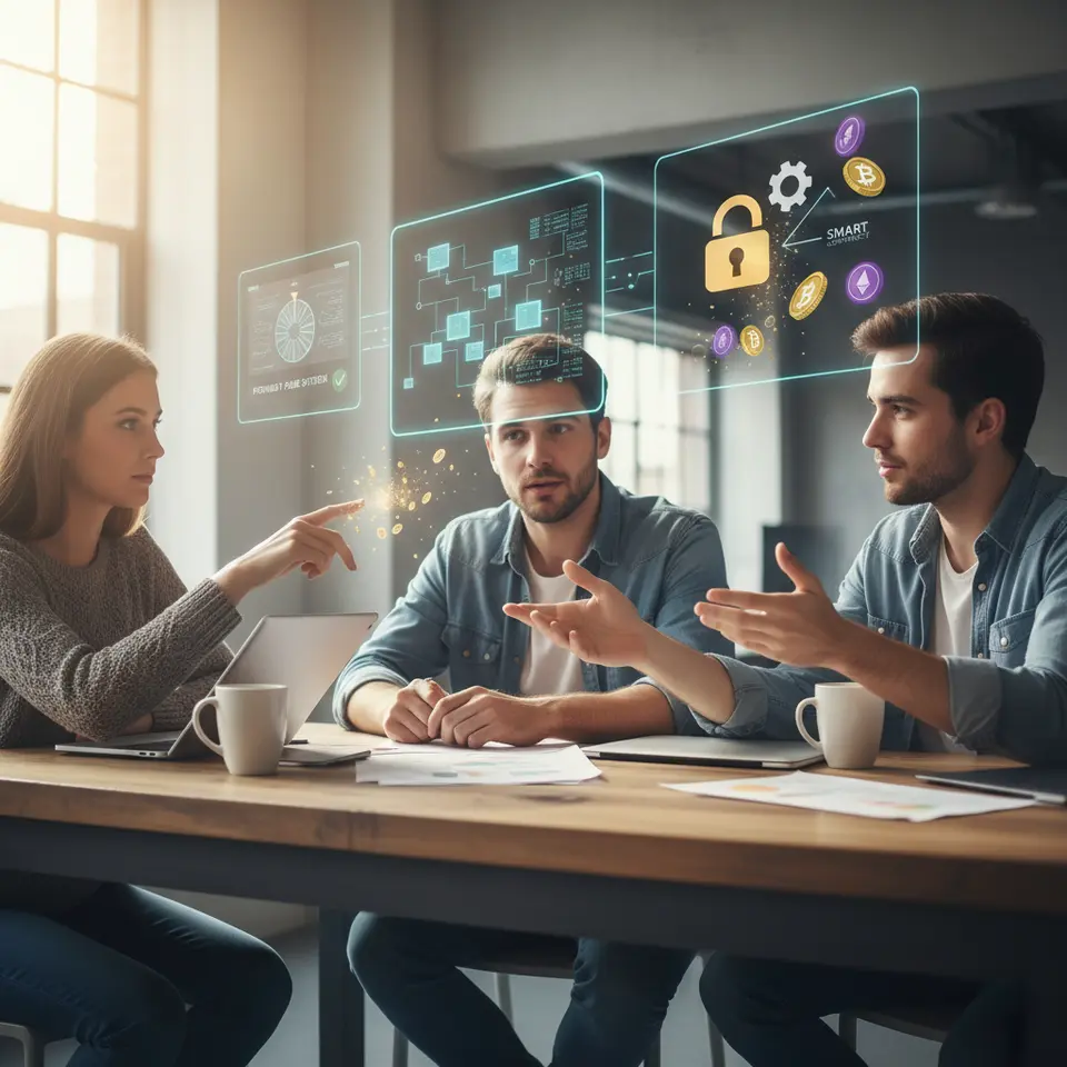 Blockchain-Powered Gambling with Smart Contracts and Provably Fair Systems: a distributed ledger composed of interconnected blocks visualizing transaction flow, a digital smart contract icon triggering instant automated payouts, cryptocurrency tokens (Bitcoin, Ethereum) and transparent game-outcome verification screens displayed on floating holographic monitors