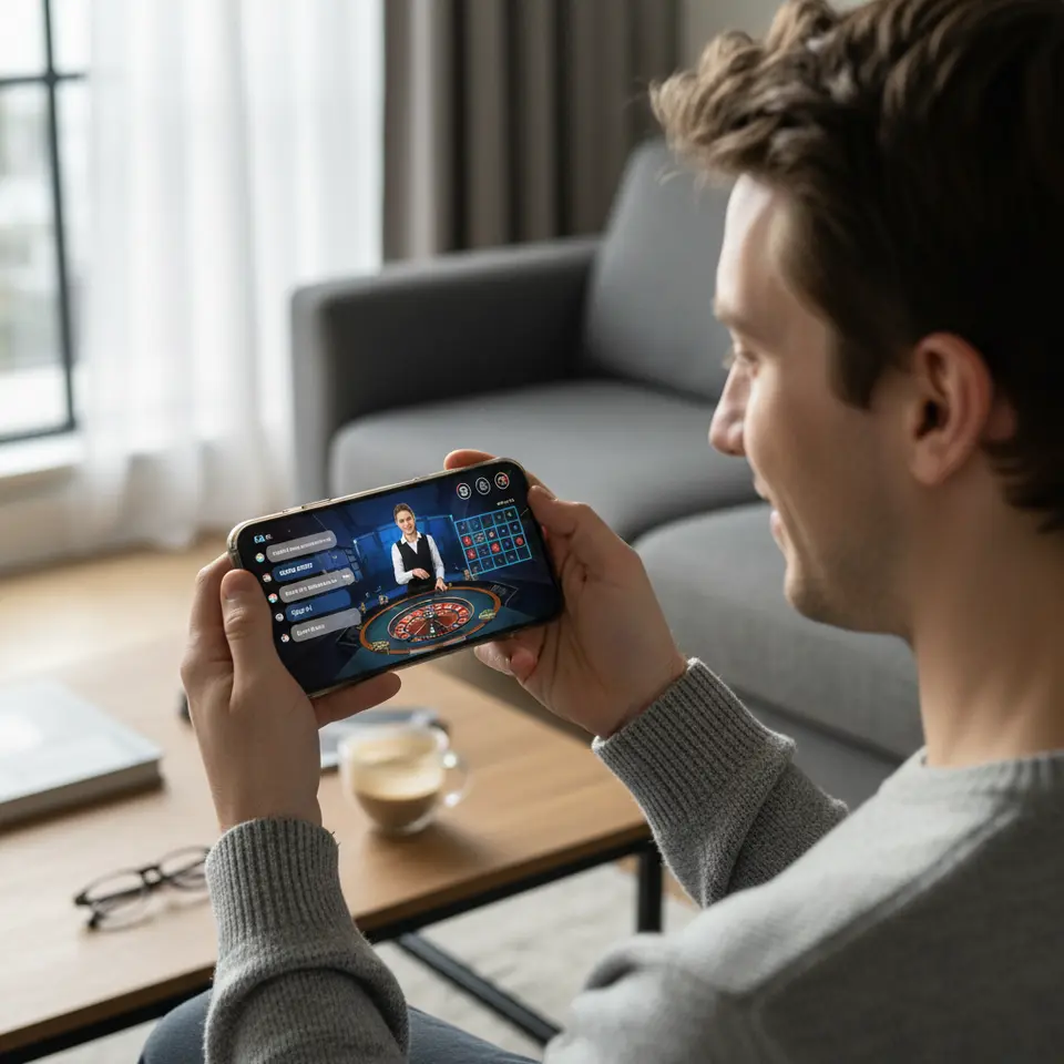 Live Dealer Studios and Emerging Technology: A close-up of a smartphone displaying a high-definition live dealer casino game, complete with chat bubbles, customizable camera angles, and semi-transparent AR overlays highlighting betting areas—showcasing interactive features in a sleek mobile interface.