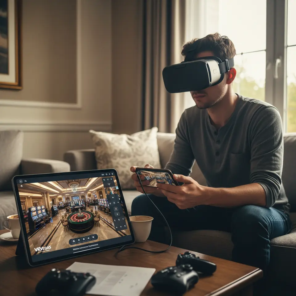 VRVegas on Mobile Immersive Experience: A user wearing a VR headset tethered to a smartphone, surrounded by a 3D casino floor with slot machines and roulette wheels; alongside the phone’s 2D screen mode showing an interactive panoramic view of the virtual environment.