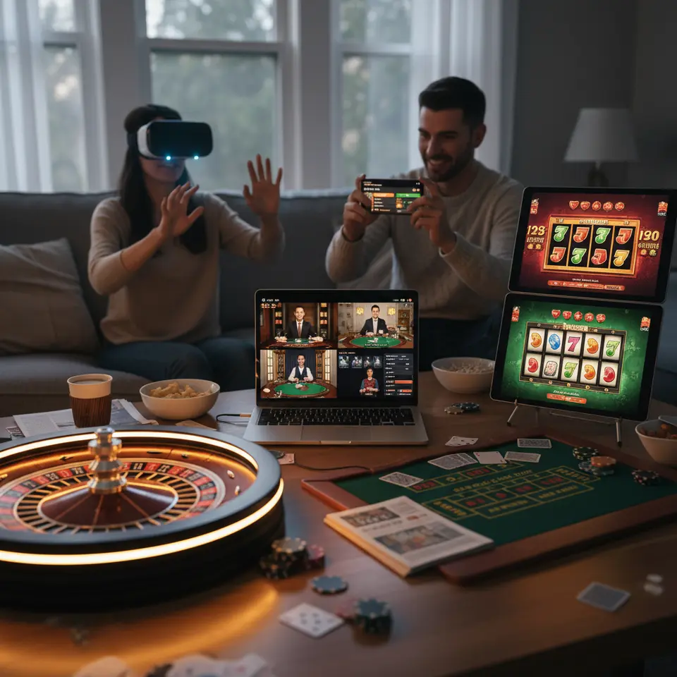 A dynamic, high-energy scene showcasing a diverse range of casino games and user interfaces: a glowing roulette wheel, blackjack table layout, colourful 3D video slot reels, live-dealer video streams on multiple devices, a player wearing a VR headset in a virtual casino lounge, and mobile screens displaying game menus and search filters.